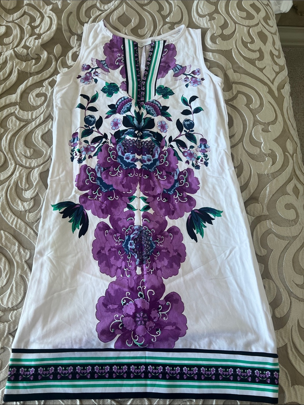 New York & Company White Midi Dress with Purple Floral Print